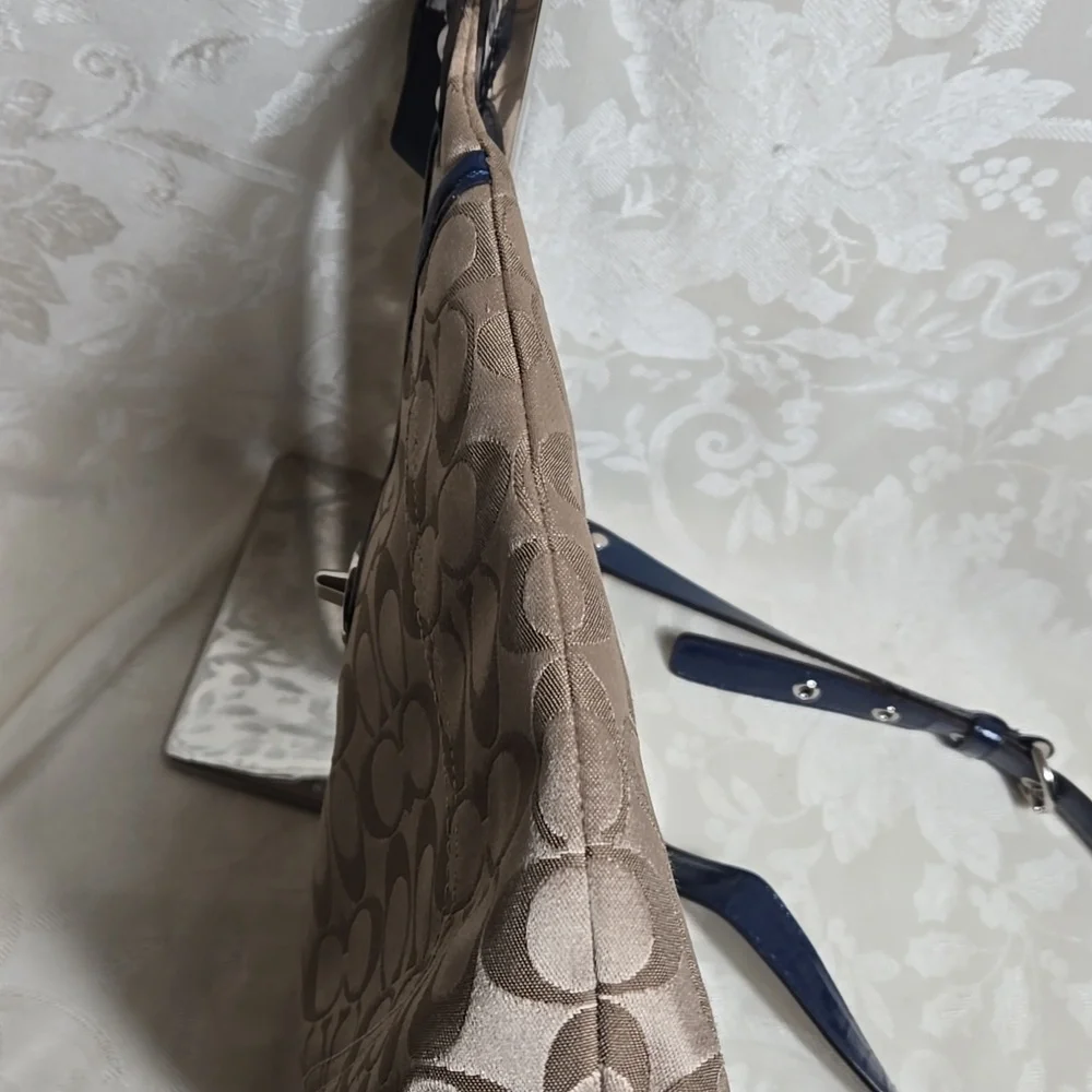 Coach Penelope Tan and Blue Satin With Patent Leather Crossbody Bag